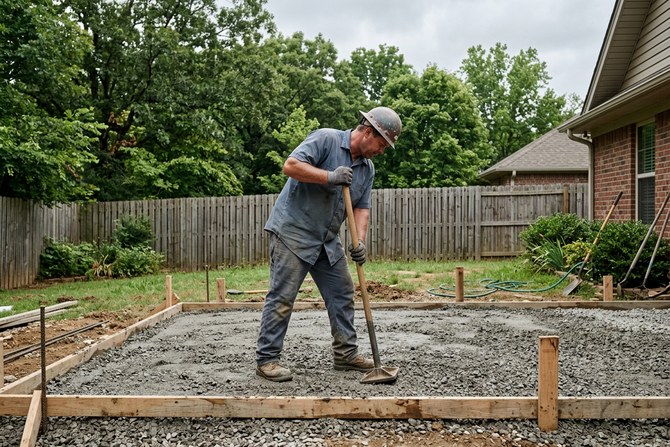 Worker compacting and leveling sub-grade before a concrete pour