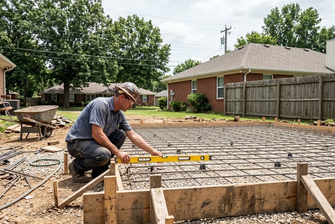 Concrete foundation forms being set for a new build