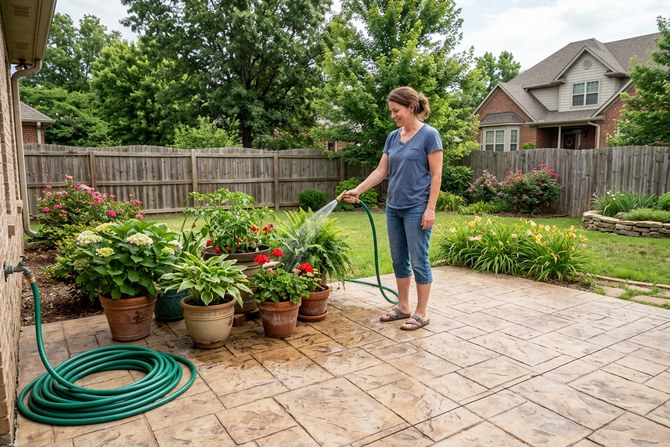 Stamped concrete patio with a stone pattern and warm color