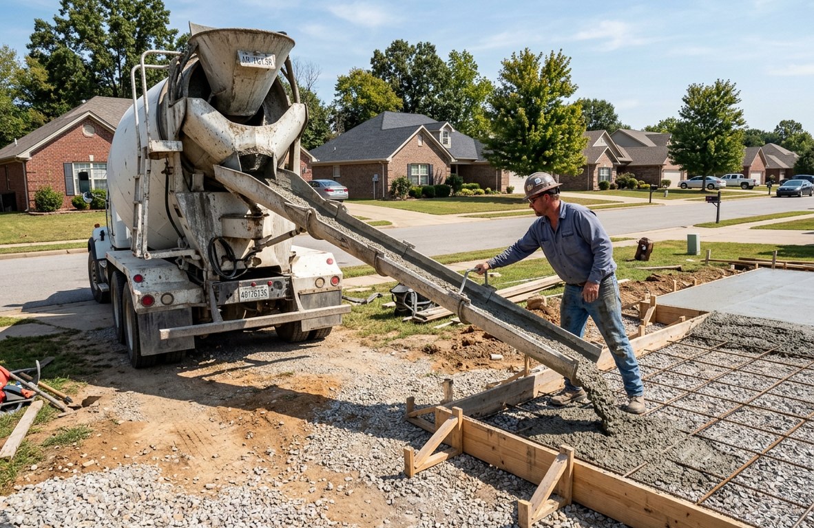 Concrete truck pouring a slab at a residential job site in Fort Smith