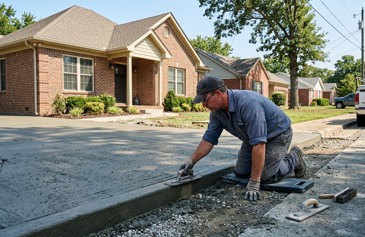 Freshly poured concrete driveway with a worker finishing the surface