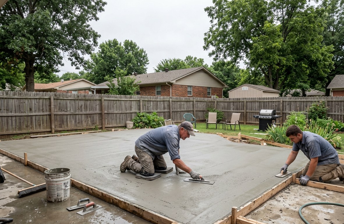 Concrete patio being finished with a trowel in a backyard
