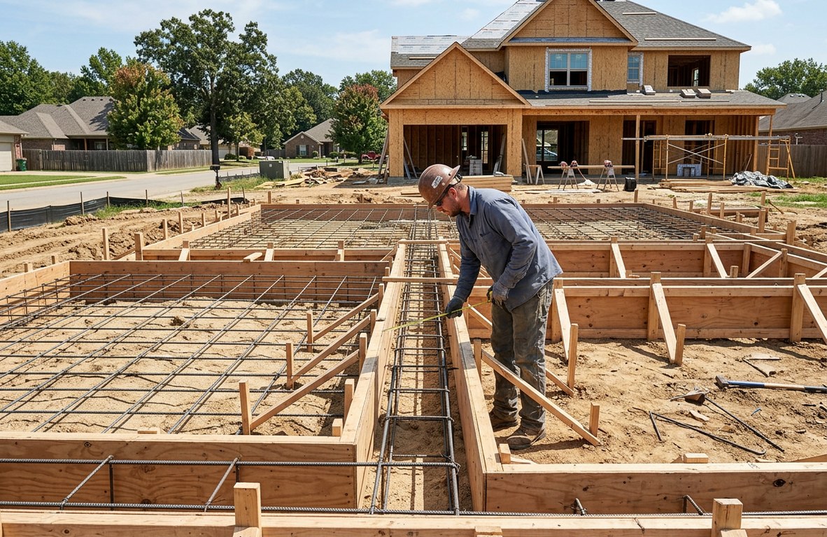 Concrete foundation forms and rebar ready for a pour