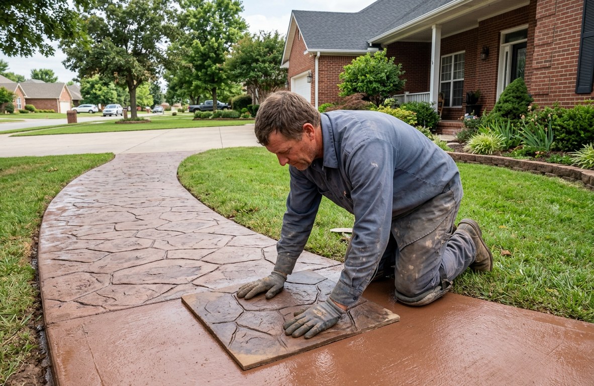 Stamped concrete walkway with a stone pattern and warm color