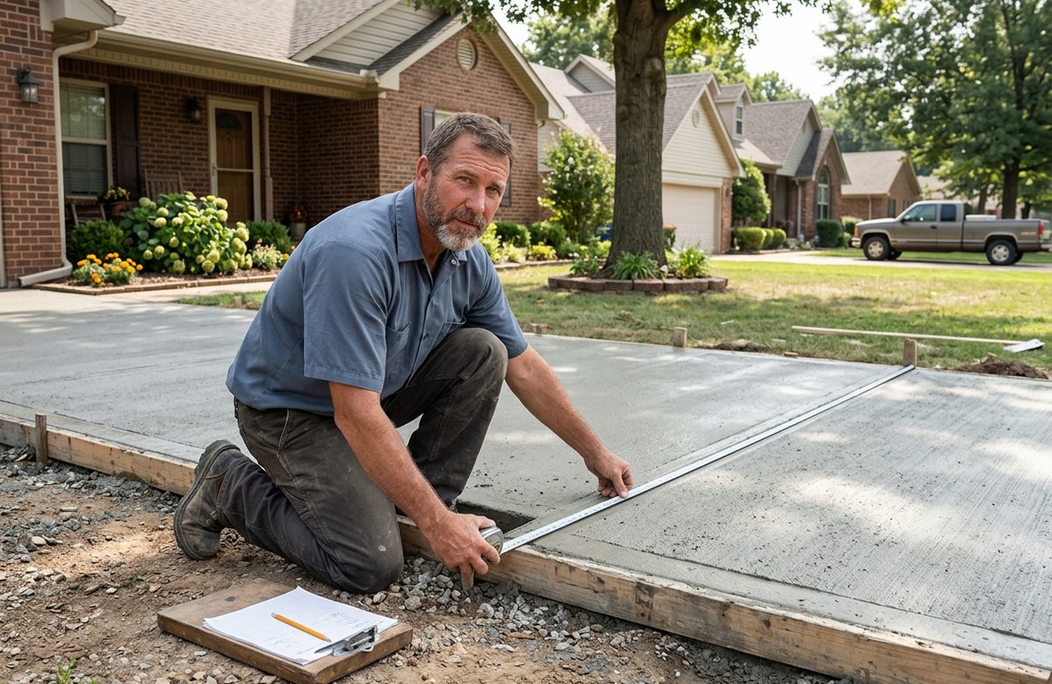 Concrete contractor measuring a job site with a tape measure