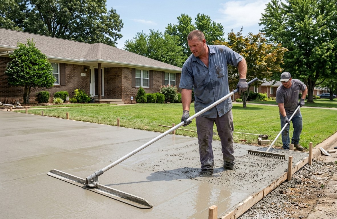 Concrete crew finishing an exposed aggregate driveway at a Fort Smith home
